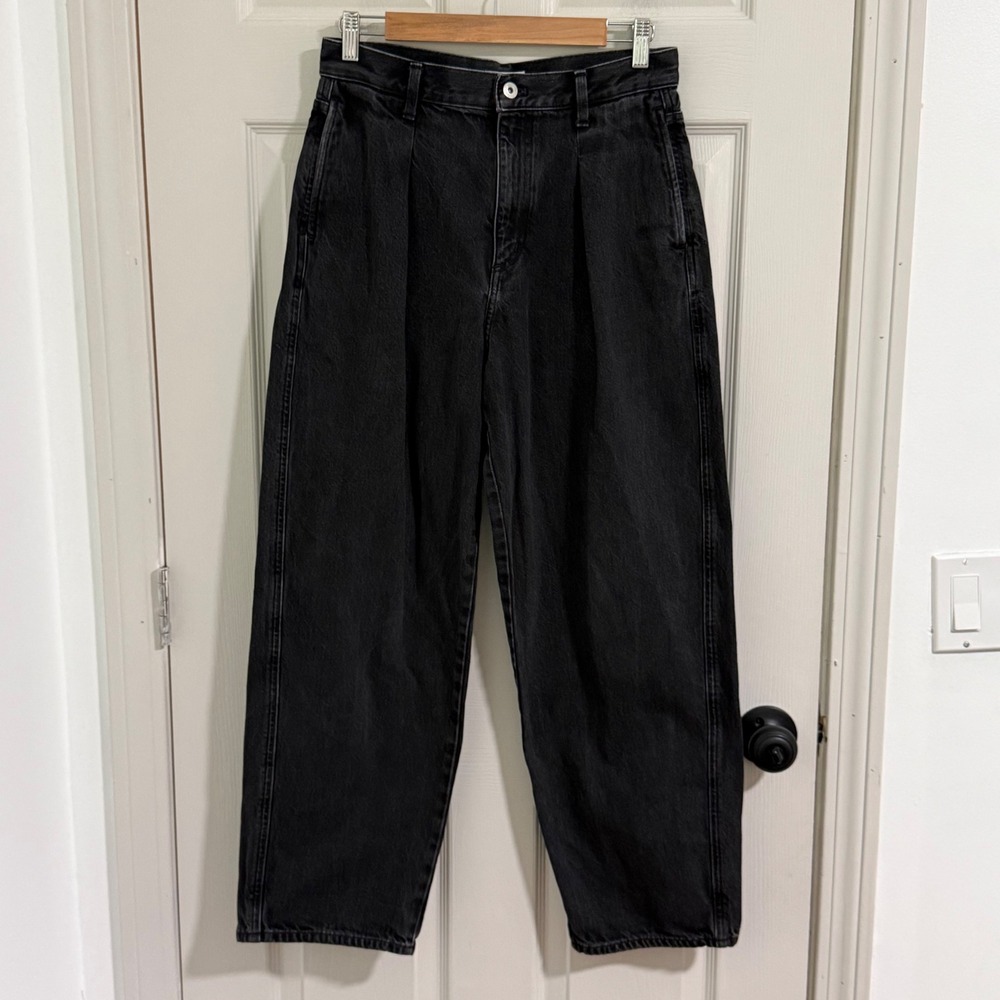Uniqlo Denim Pleated Trousers Womens 26 Black Wide Leg‎ Barrel High Rise Denim